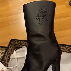 Chrome hearts Sugar Jones Triple Cross Black Leather High Heel Mid Boots